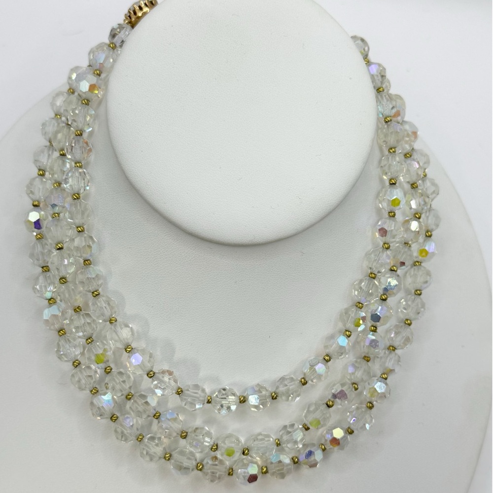 Vintage MCM aurora Borealis faceted crystall triple strand beaded necklace